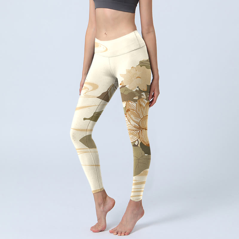 Nimara Ritual Beige Lotus Flower Print Gym Fitness Leggings Women's Yoga Pants