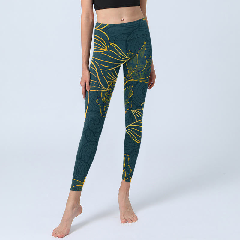 Nimara Ritual Gray Golden Koi Fish Lotus Print Gym Leggings Women's Yoga Pants