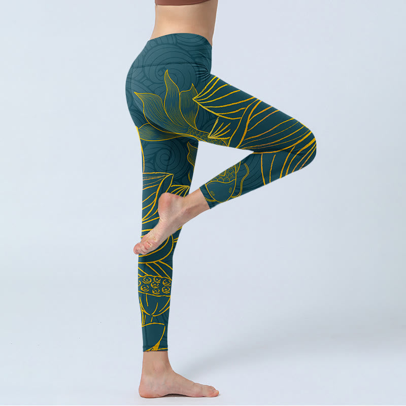 Nimara Ritual Gray Golden Koi Fish Lotus Print Gym Leggings Women's Yoga Pants