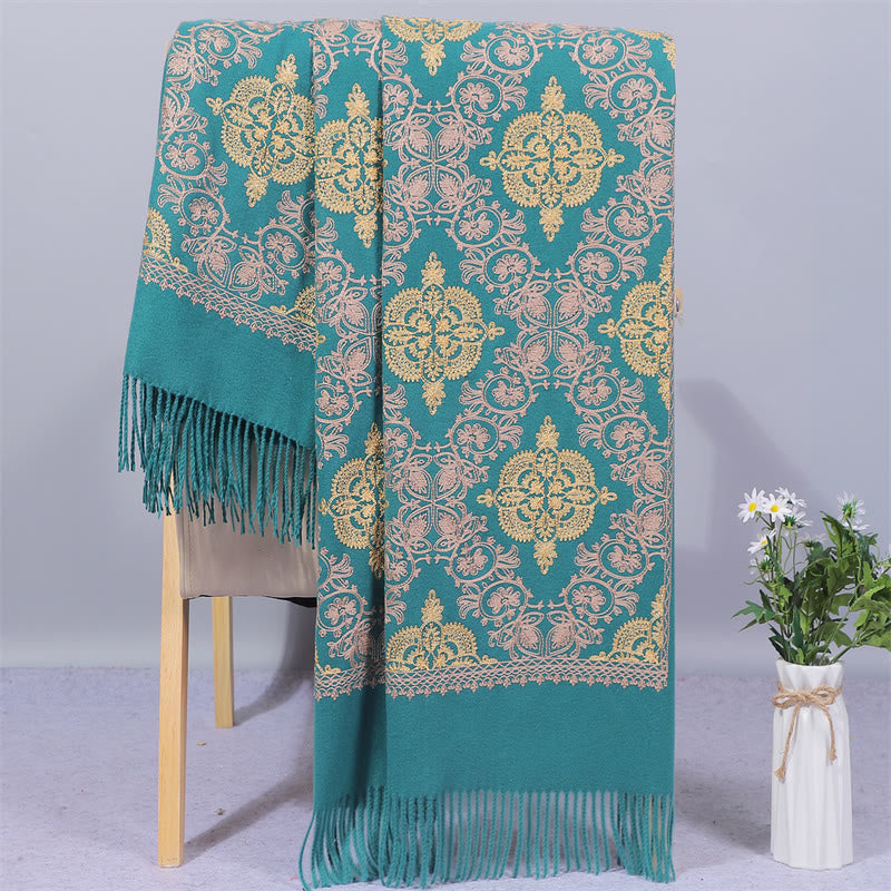 Nimara Ritual Polyester Shawl Symmetry Gold Filigree Embroidery Tassel Winter Cozy Travel Scarf Wrap