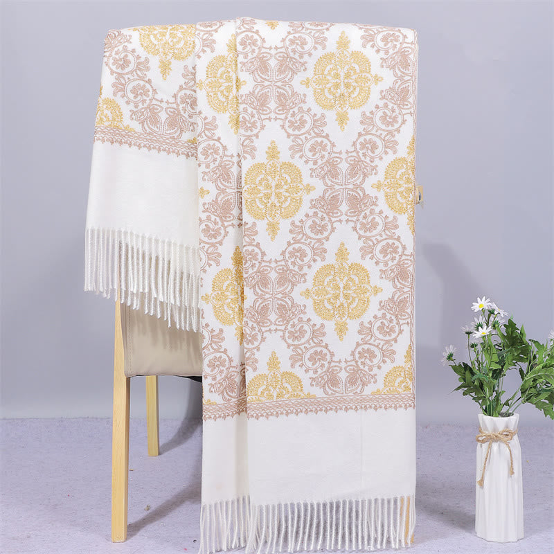 Nimara Ritual Polyester Shawl Symmetry Gold Filigree Embroidery Tassel Winter Cozy Travel Scarf Wrap
