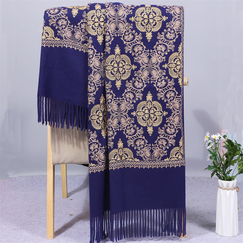 Nimara Ritual Polyester Shawl Symmetry Gold Filigree Embroidery Tassel Winter Cozy Travel Scarf Wrap