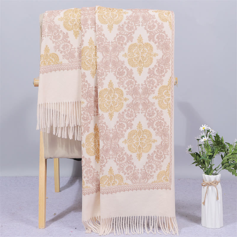 Nimara Ritual Polyester Shawl Symmetry Gold Filigree Embroidery Tassel Winter Cozy Travel Scarf Wrap