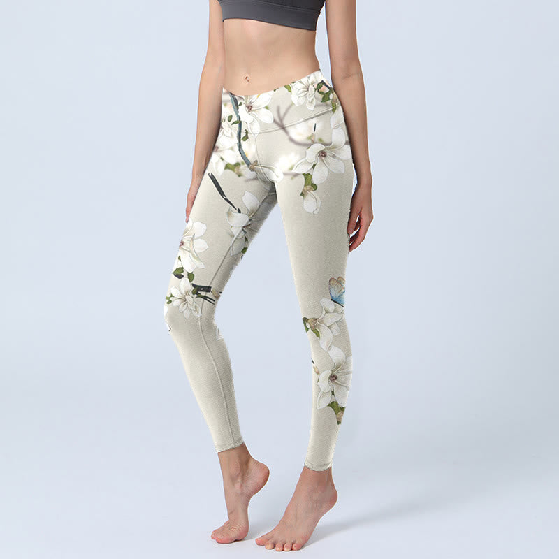 Nimara Ritual White Magnolia Flower Print Sports Fitness Leggings Women's Yoga Pants