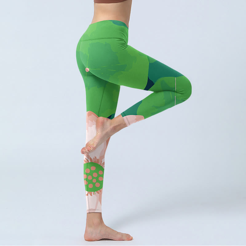 Nimara Ritual Green Lotus Flower Leaf Print Sports Fitness Leggings Women's Yoga Pants