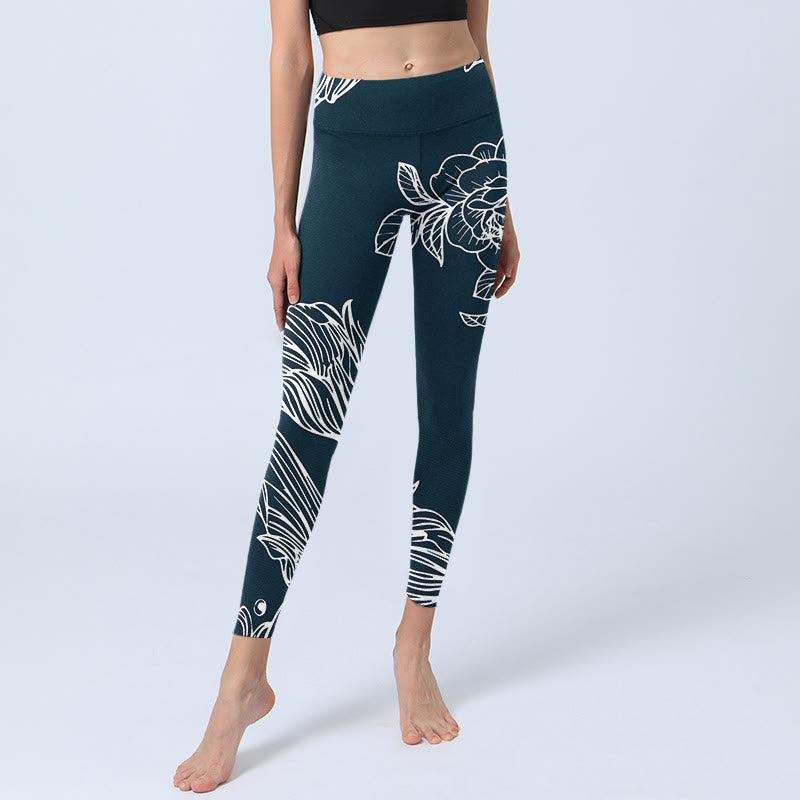 Nimara Ritual Peony Epiphyllum Flowers Print Gym Fitness Leggings Women's Yoga Pants