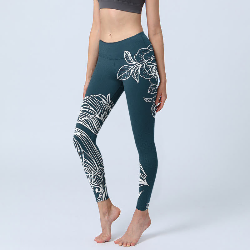 Nimara Ritual Peony Epiphyllum Flowers Print Gym Fitness Leggings Women's Yoga Pants