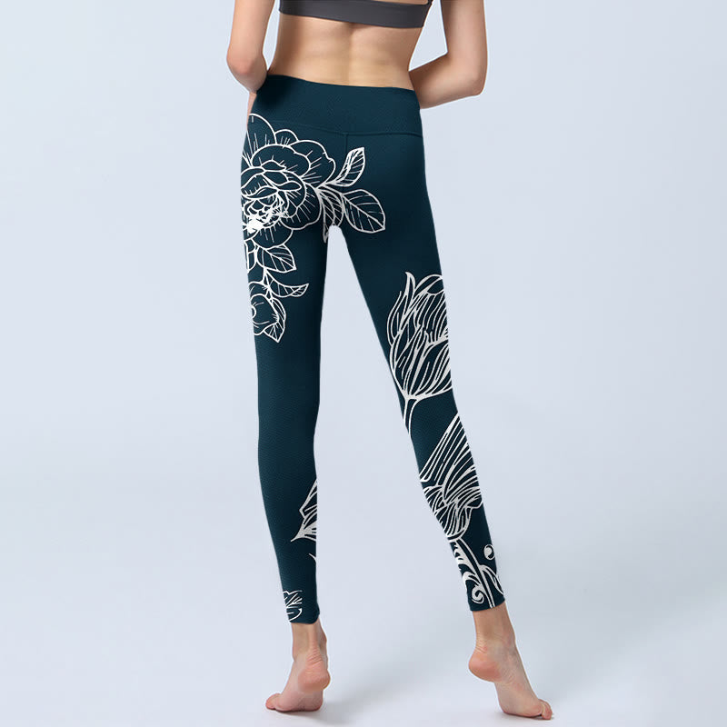 Nimara Ritual Peony Epiphyllum Flowers Print Gym Fitness Leggings Women's Yoga Pants