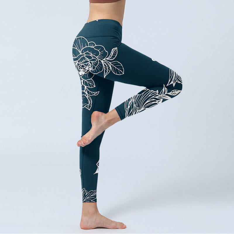 Nimara Ritual Peony Epiphyllum Flowers Print Gym Fitness Leggings Women's Yoga Pants