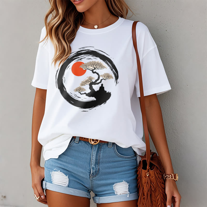 Nimara Ritual Red Sun Pine Zen Circle Meditation Buddha Tee T-shirt