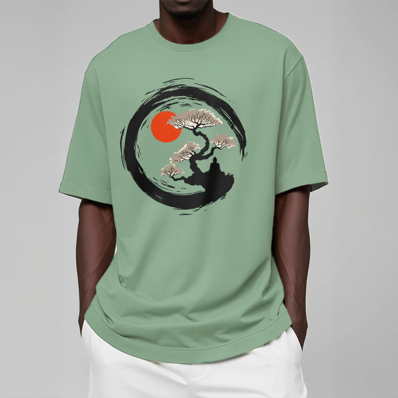 Nimara Ritual Red Sun Pine Zen Circle Meditation Buddha Tee T-shirt