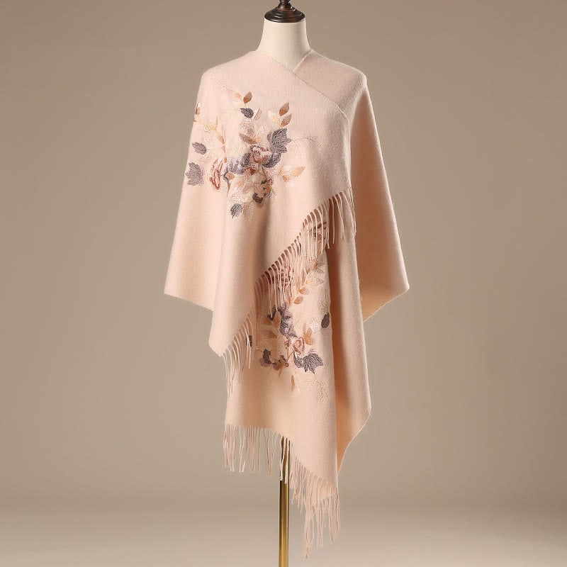 Nimara Ritual Wool Shawl White Pink Flowers Golden Leaves Embroidery Tassel Winter Cozy Travel Scarf Wrap