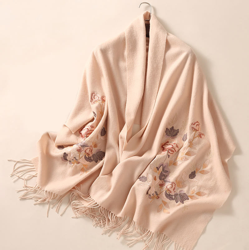 Nimara Ritual Wool Shawl White Pink Flowers Golden Leaves Embroidery Tassel Winter Cozy Travel Scarf Wrap