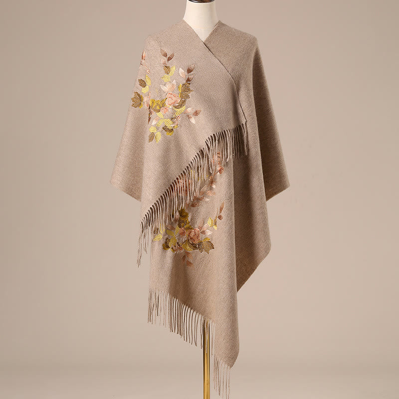 Nimara Ritual Wool Shawl White Pink Flowers Golden Leaves Embroidery Tassel Winter Cozy Travel Scarf Wrap
