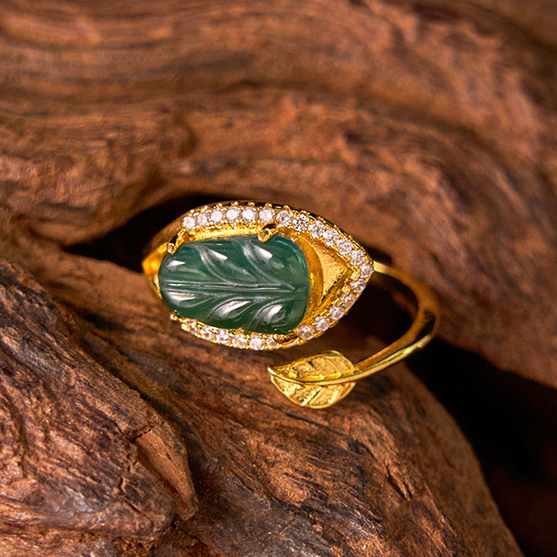 Nimara Ritual Copper Plated Gold Natural Jade Leaf Prosperity Adjustable Ring