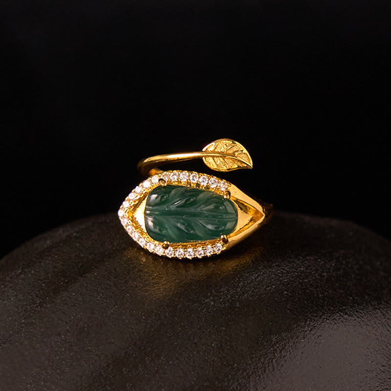 Nimara Ritual Copper Plated Gold Natural Jade Leaf Prosperity Adjustable Ring