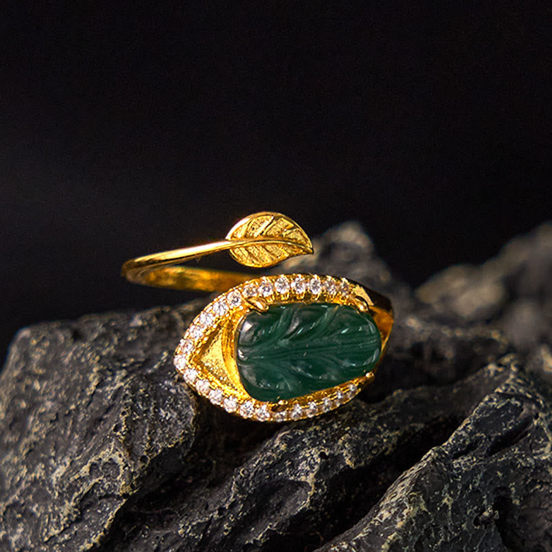 Nimara Ritual Copper Plated Gold Natural Jade Leaf Prosperity Adjustable Ring