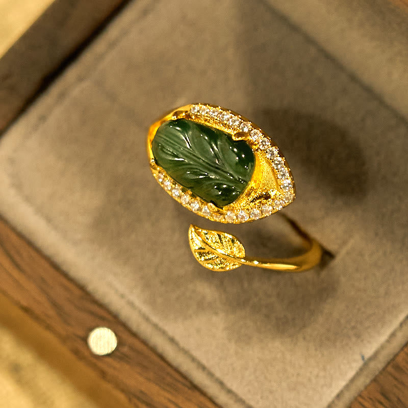 Nimara Ritual Copper Plated Gold Natural Jade Leaf Prosperity Adjustable Ring