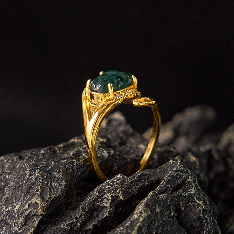 Nimara Ritual Copper Plated Gold Natural Jade Leaf Prosperity Adjustable Ring