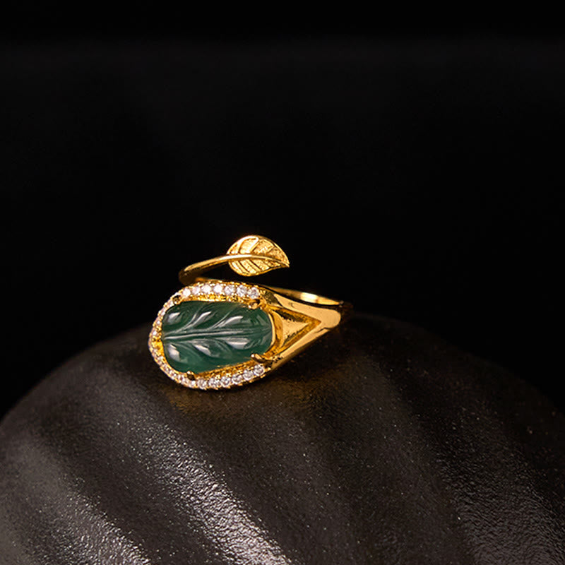 Nimara Ritual Copper Plated Gold Natural Jade Leaf Prosperity Adjustable Ring