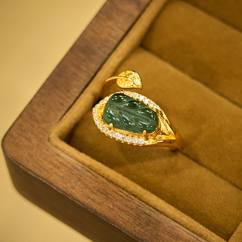 Nimara Ritual Copper Plated Gold Natural Jade Leaf Prosperity Adjustable Ring
