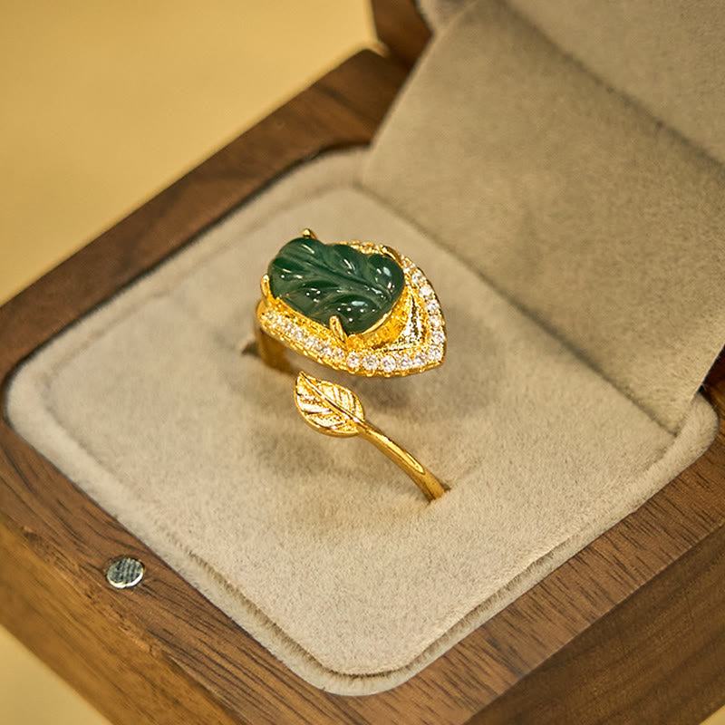 Nimara Ritual Copper Plated Gold Natural Jade Leaf Prosperity Adjustable Ring
