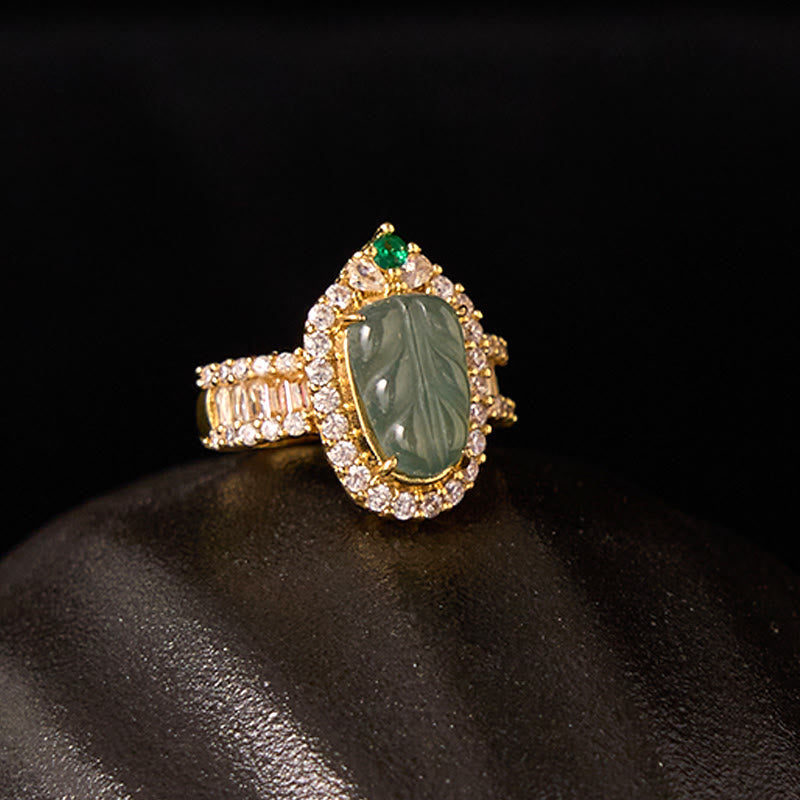 Nimara Ritual Copper Plated Gold Natural Jade Leaf Full Diamond Luck Adjustable Ring