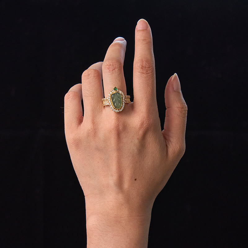 Nimara Ritual Copper Plated Gold Natural Jade Leaf Full Diamond Luck Adjustable Ring