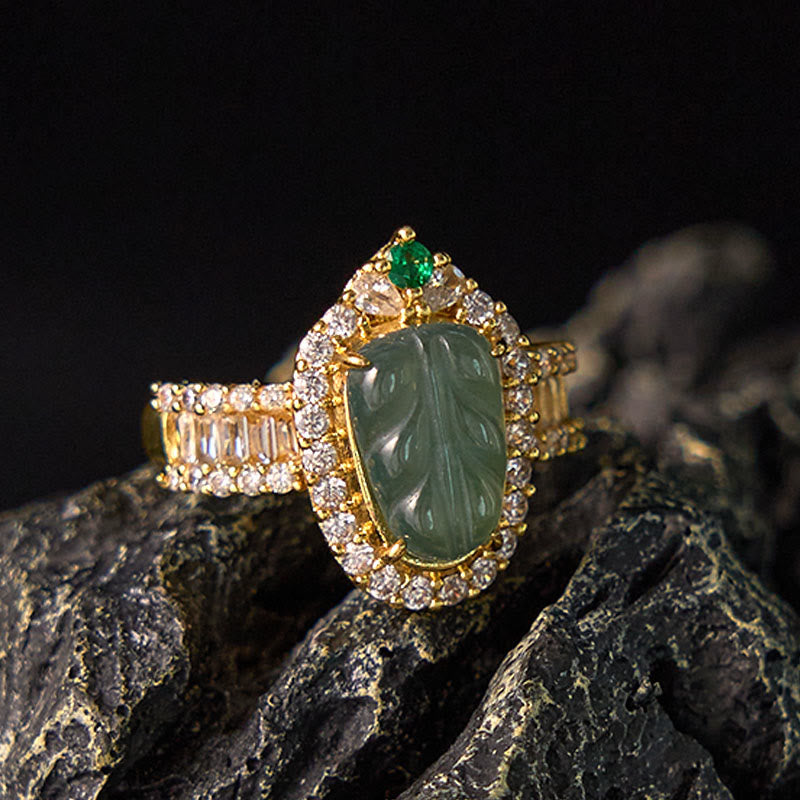 Nimara Ritual Copper Plated Gold Natural Jade Leaf Full Diamond Luck Adjustable Ring