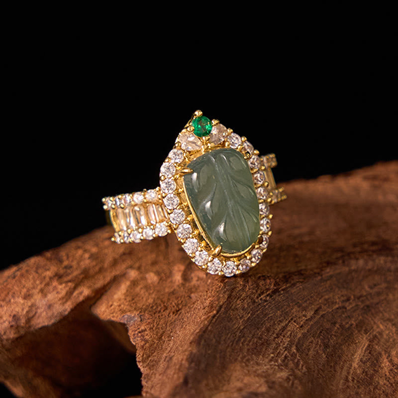 Nimara Ritual Copper Plated Gold Natural Jade Leaf Full Diamond Luck Adjustable Ring