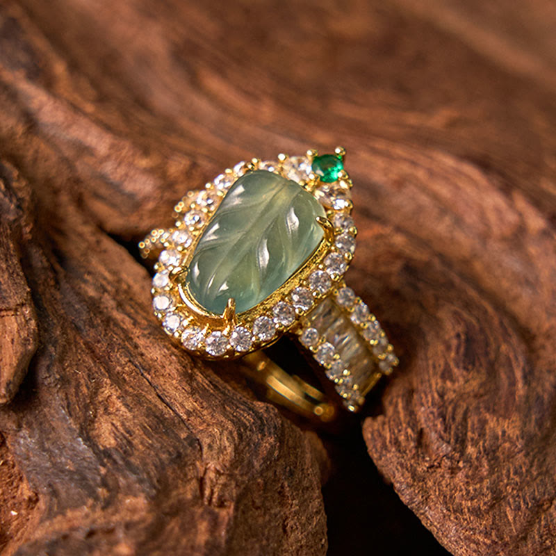 Nimara Ritual Copper Plated Gold Natural Jade Leaf Full Diamond Luck Adjustable Ring