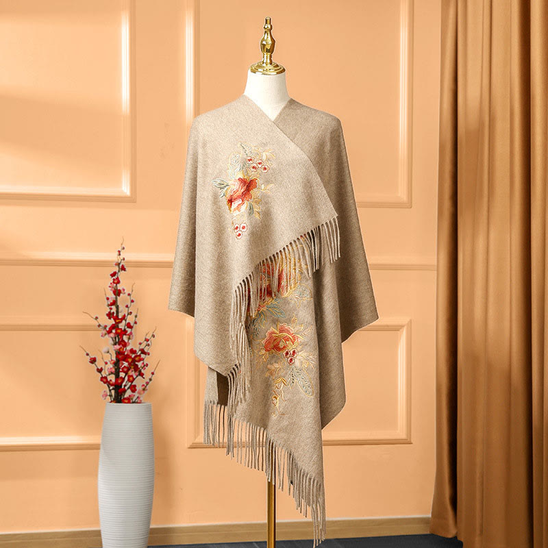 Nimara Ritual Wool Shawl Red Flower Leaves Embroidery Tassel Winter Cozy Travel Scarf Wrap