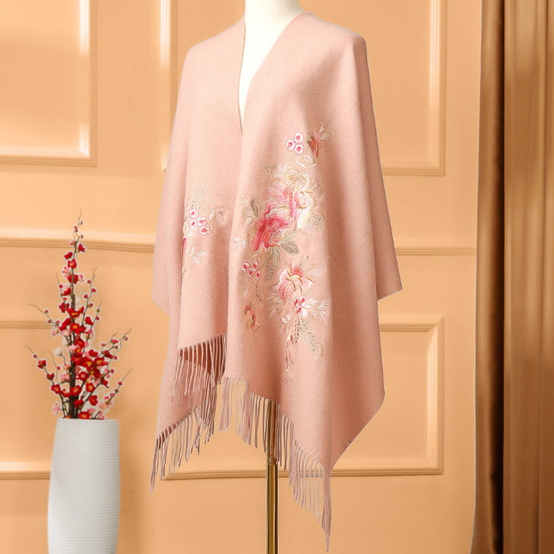 Nimara Ritual Wool Shawl Red Flower Leaves Embroidery Tassel Winter Cozy Travel Scarf Wrap