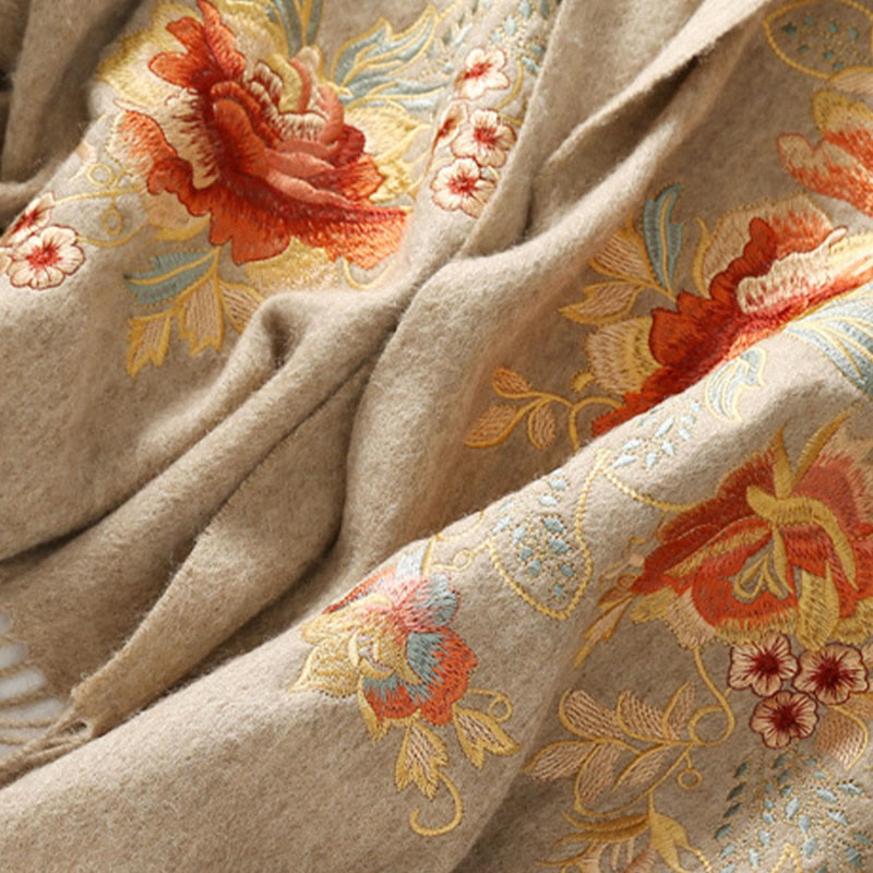 Nimara Ritual Wool Shawl Red Flower Leaves Embroidery Tassel Winter Cozy Travel Scarf Wrap