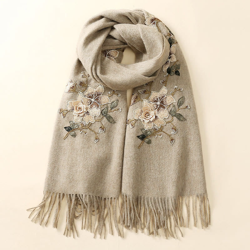 Nimara Ritual Wool Shawl White Orange Flower Embroidery Tassel Winter Cozy Travel Scarf Wrap