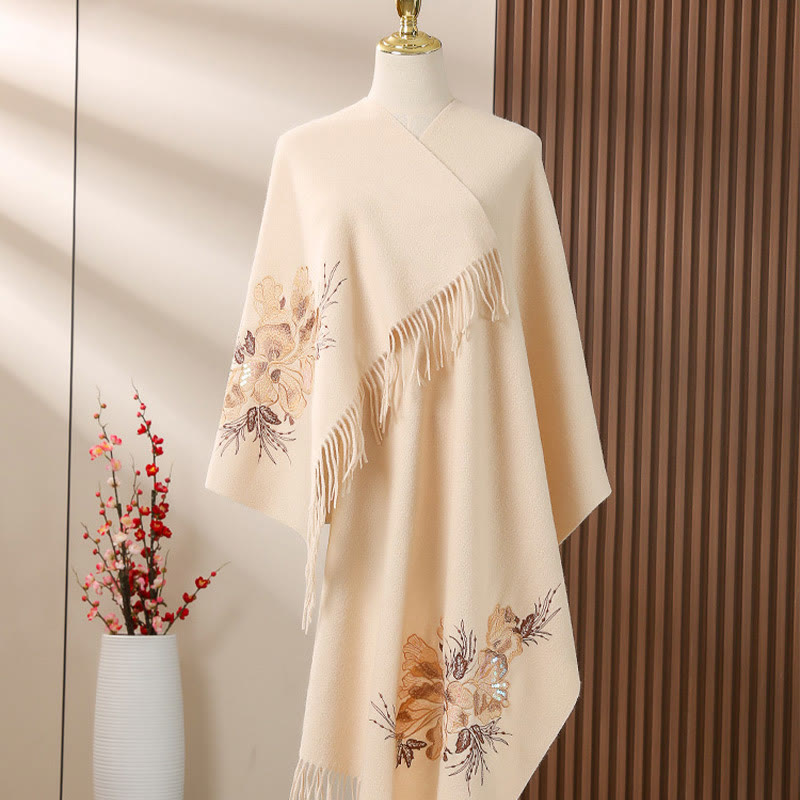 Nimara Ritual Wool Shawl Flower Sequin Embroidery Tassel Winter Cozy Travel Scarf Wrap