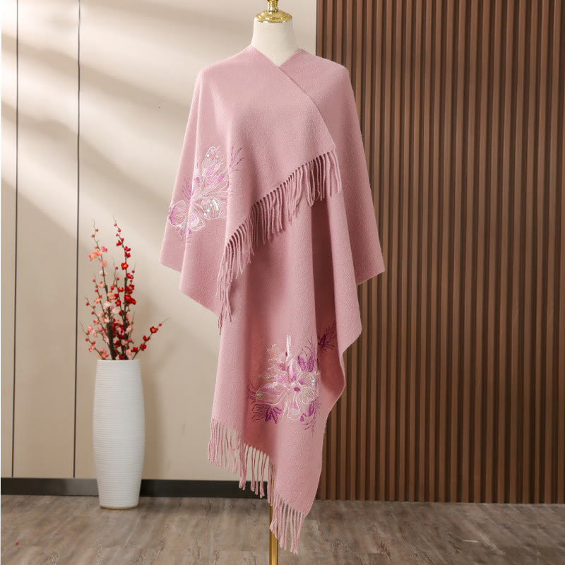 Nimara Ritual Wool Shawl Flower Sequin Embroidery Tassel Winter Cozy Travel Scarf Wrap