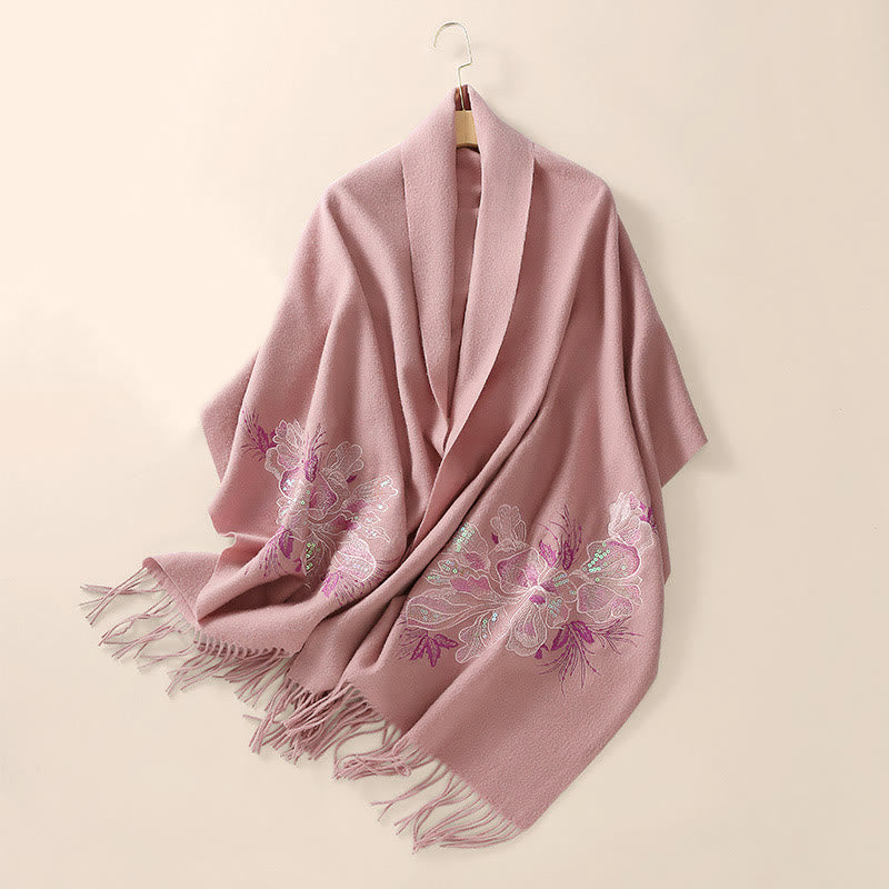 Nimara Ritual Wool Shawl Flower Sequin Embroidery Tassel Winter Cozy Travel Scarf Wrap