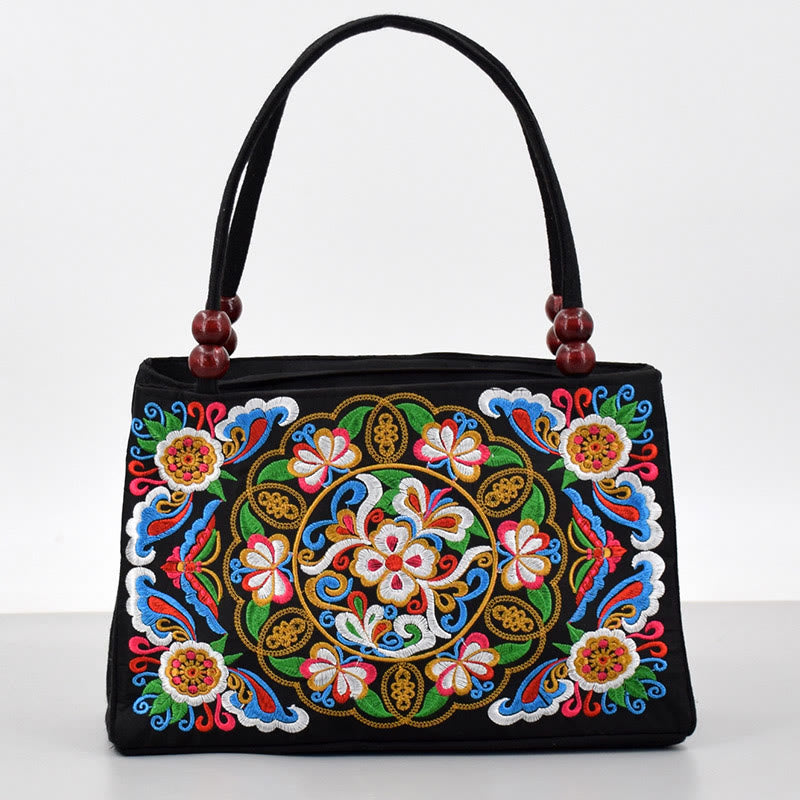 Nimara Ritual Galsang Inula Flower Peony Peacock Double-Sided Embroidery Canvas Shopping Purse Handbag