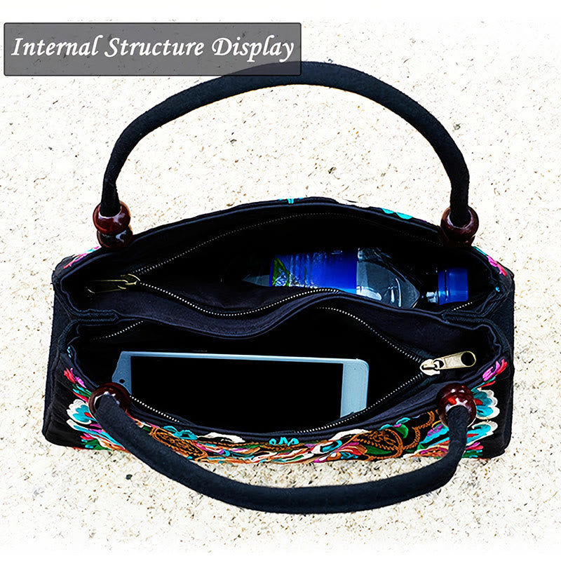 Nimara Ritual Galsang Inula Flower Peony Peacock Double-Sided Embroidery Canvas Shopping Purse Handbag