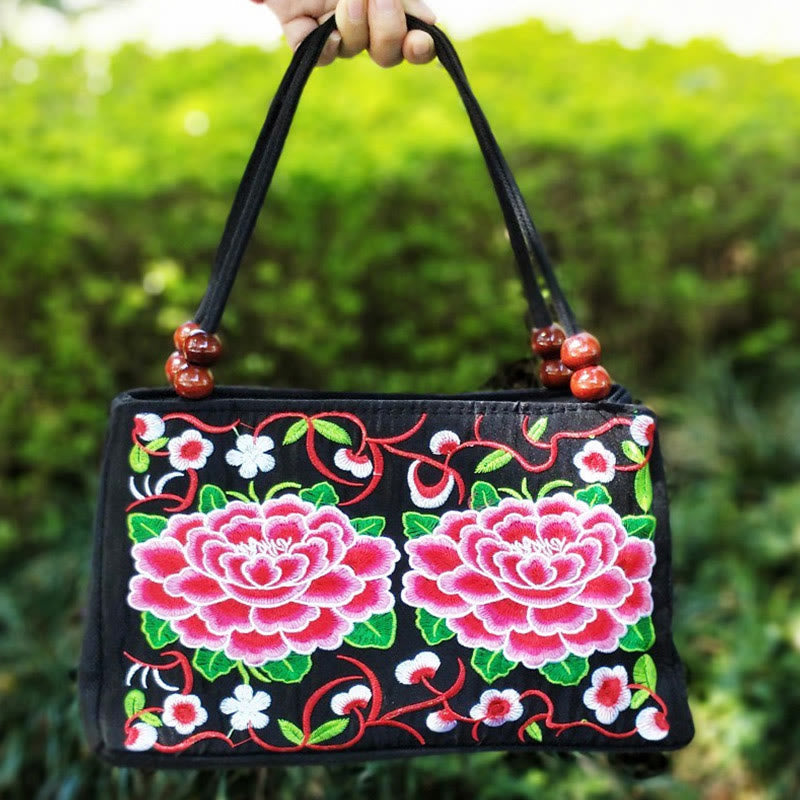 Nimara Ritual Galsang Inula Flower Peony Peacock Double-Sided Embroidery Canvas Shopping Purse Handbag