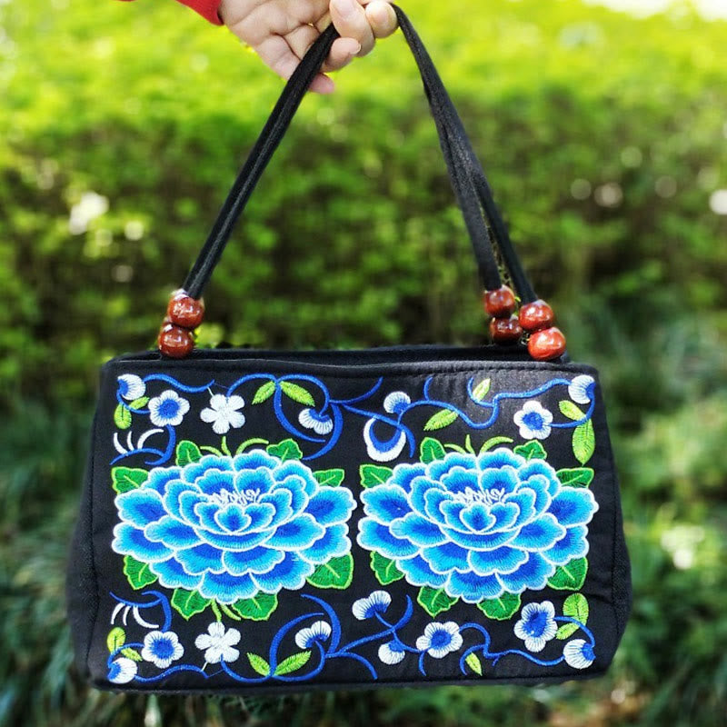 Nimara Ritual Galsang Inula Flower Peony Peacock Double-Sided Embroidery Canvas Shopping Purse Handbag