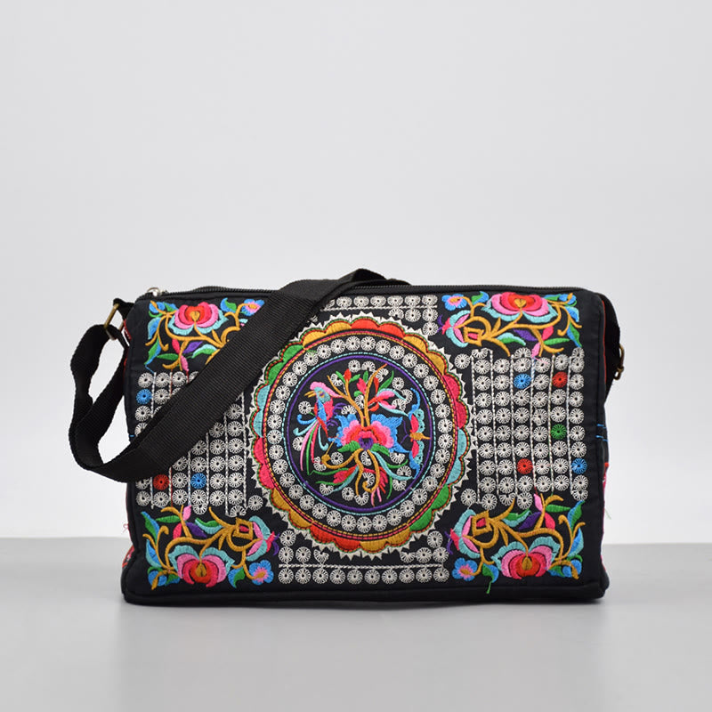 Nimara Ritual Galsang Inula Flower Peony Peacock Double-Sided Embroidery Canvas Shopping Purse Handbag Crossbody Bag