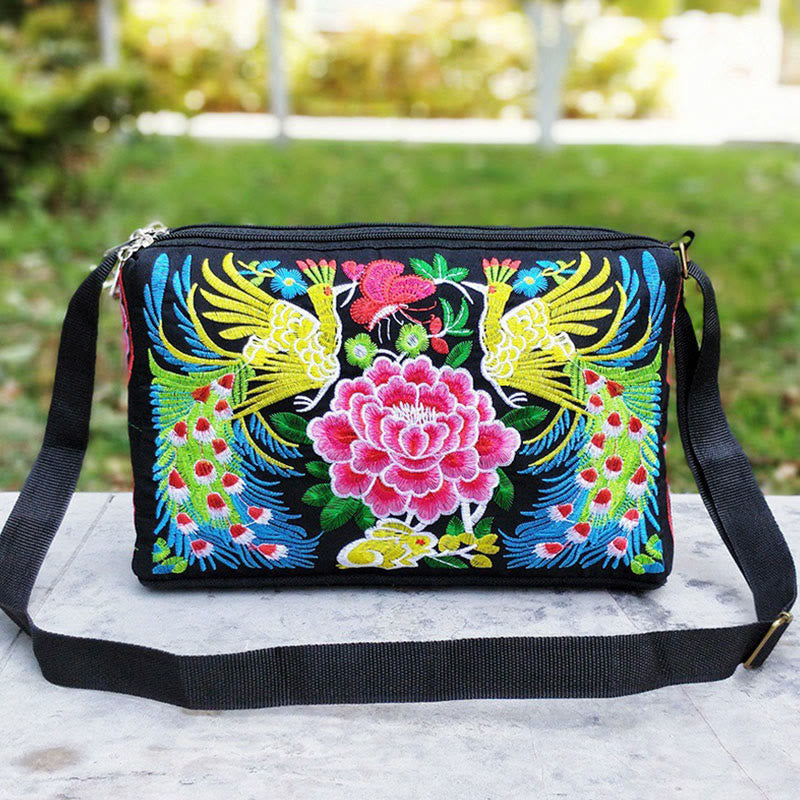 Nimara Ritual Galsang Inula Flower Peony Peacock Double-Sided Embroidery Canvas Shopping Purse Handbag Crossbody Bag