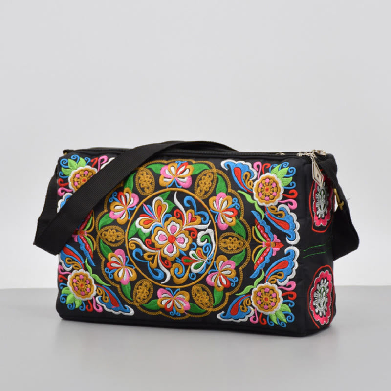 Nimara Ritual Galsang Inula Flower Peony Peacock Double-Sided Embroidery Canvas Shopping Purse Handbag Crossbody Bag