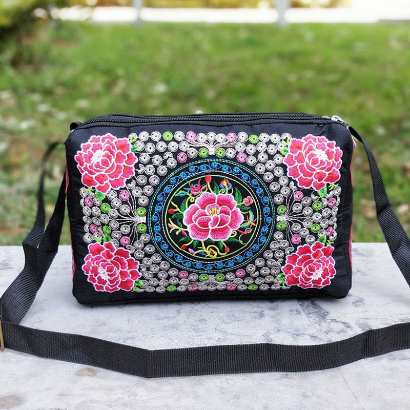 Nimara Ritual Galsang Inula Flower Peony Peacock Double-Sided Embroidery Canvas Shopping Purse Handbag Crossbody Bag