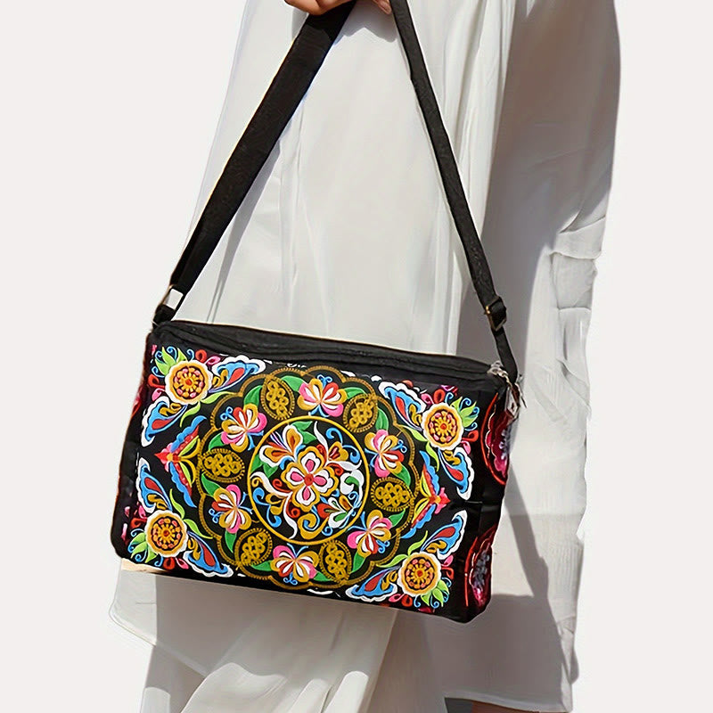 Nimara Ritual Galsang Inula Flower Peony Peacock Double-Sided Embroidery Canvas Shopping Purse Handbag Crossbody Bag