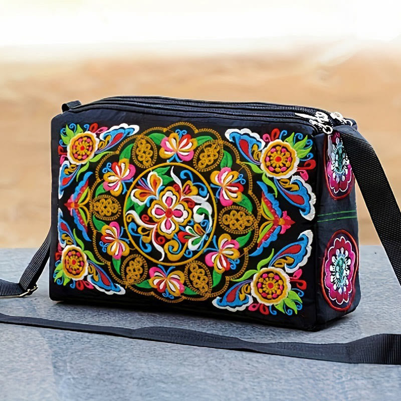 Nimara Ritual Galsang Inula Flower Peony Peacock Double-Sided Embroidery Canvas Shopping Purse Handbag Crossbody Bag