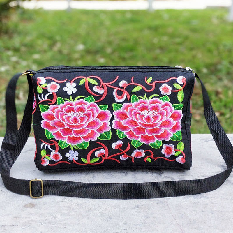Nimara Ritual Galsang Inula Flower Peony Peacock Double-Sided Embroidery Canvas Shopping Purse Handbag Crossbody Bag