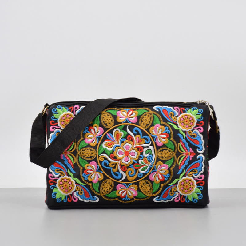Nimara Ritual Galsang Inula Flower Peony Peacock Double-Sided Embroidery Canvas Shopping Purse Handbag Crossbody Bag